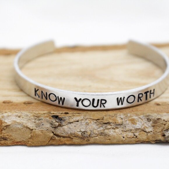 Know Your Worth - Hand Stamped Anodized Aluminum Bangle - Adjustable - Picture 7 of 11